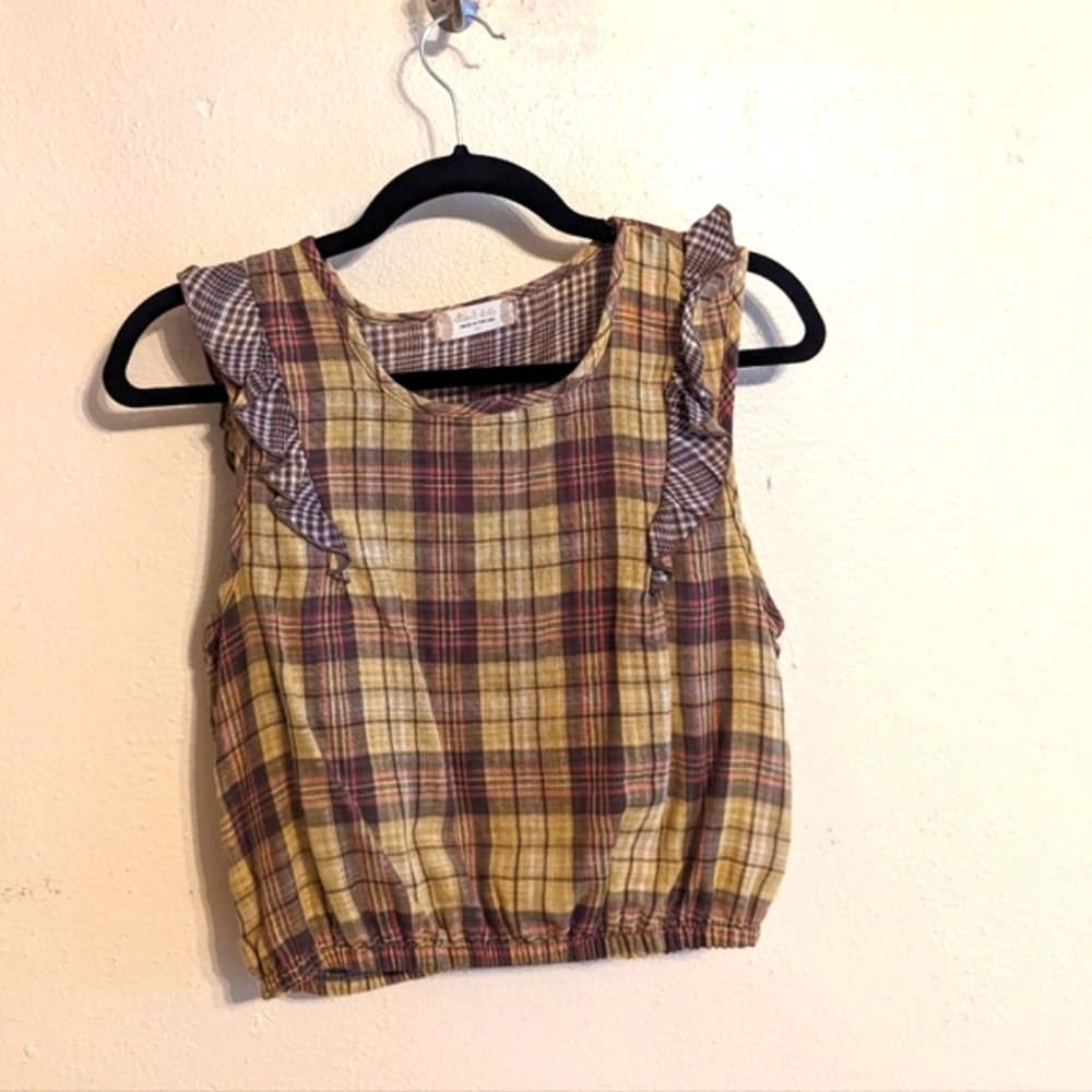 Altar'd state mustard plaid ruffle crop
